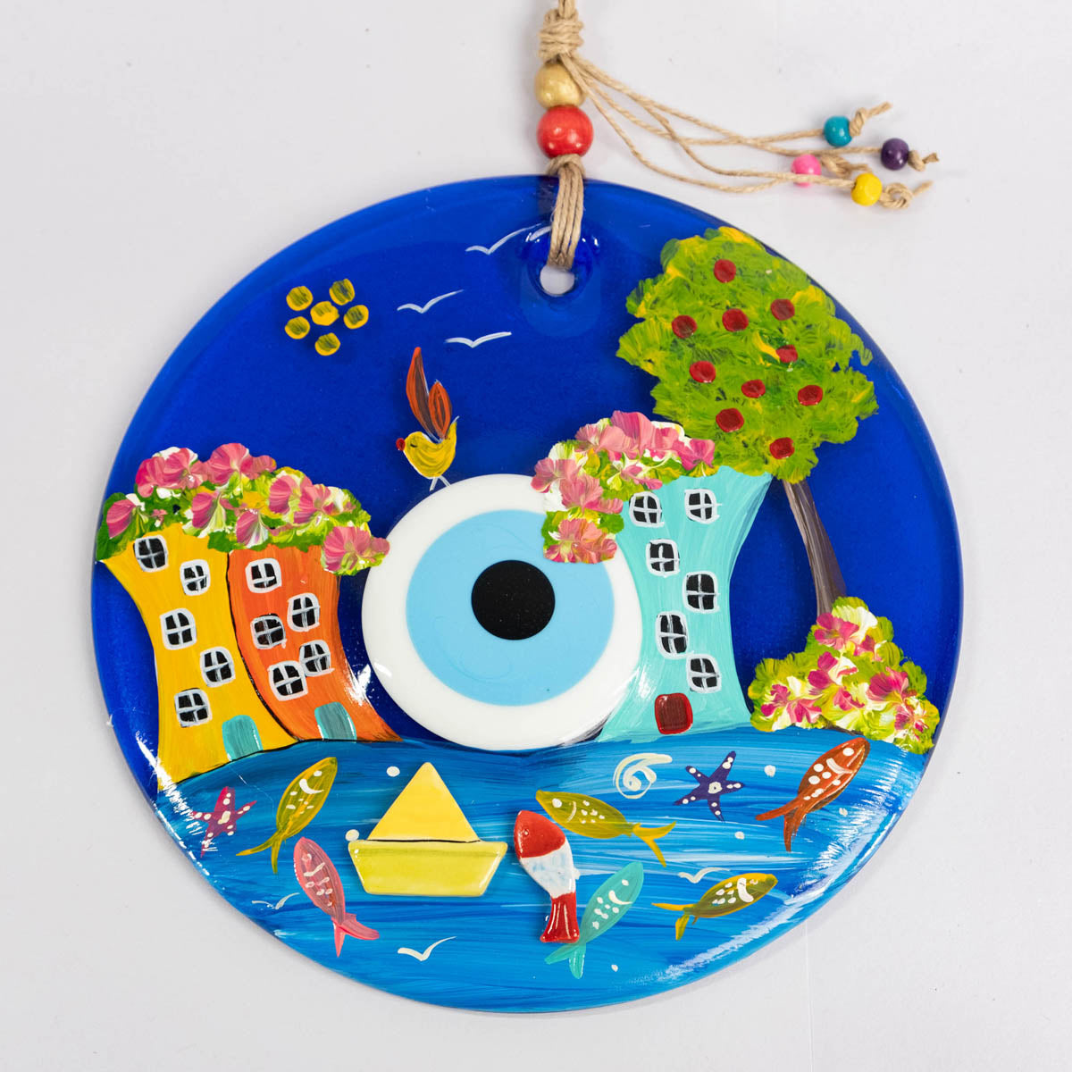 8" Dia. Ceramic Evil Eye Wall Decor / Evil Eye Wall Hanger / Hand-painted Evil Eye / Glass Evil Eye / Home Decoration / Handmade / Handicraft