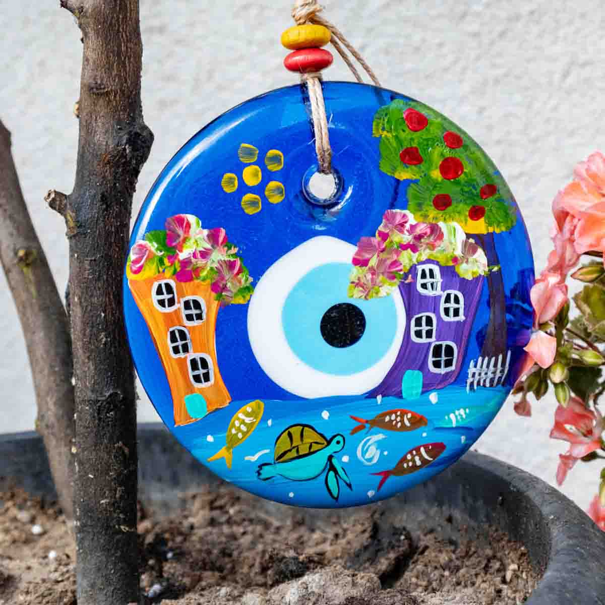 5.1" Dia. Ceramic Evil Eye Wall Decor / Evil Eye Wall Hanger / Hand-painted Evil Eye / Glass Evil Eye / Home Decoration / Handmade / Handicraft