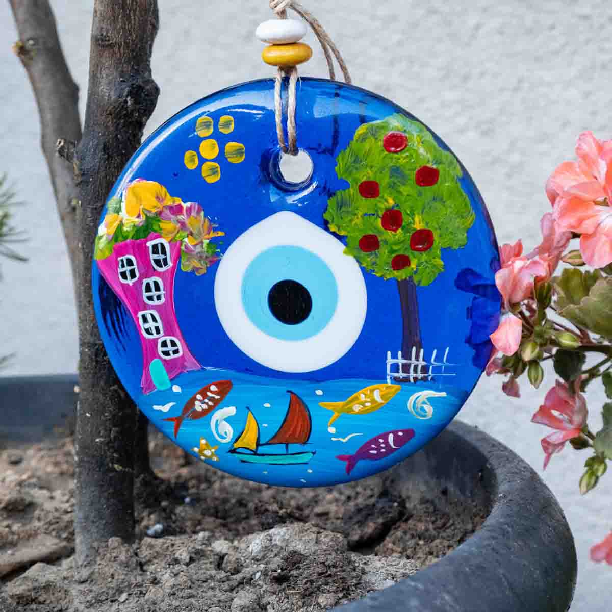 5.1" Dia. Ceramic Evil Eye Wall Decor / Evil Eye Wall Hanger / Hand-painted Evil Eye / Glass Evil Eye / Home Decoration / Handmade / Handicraft